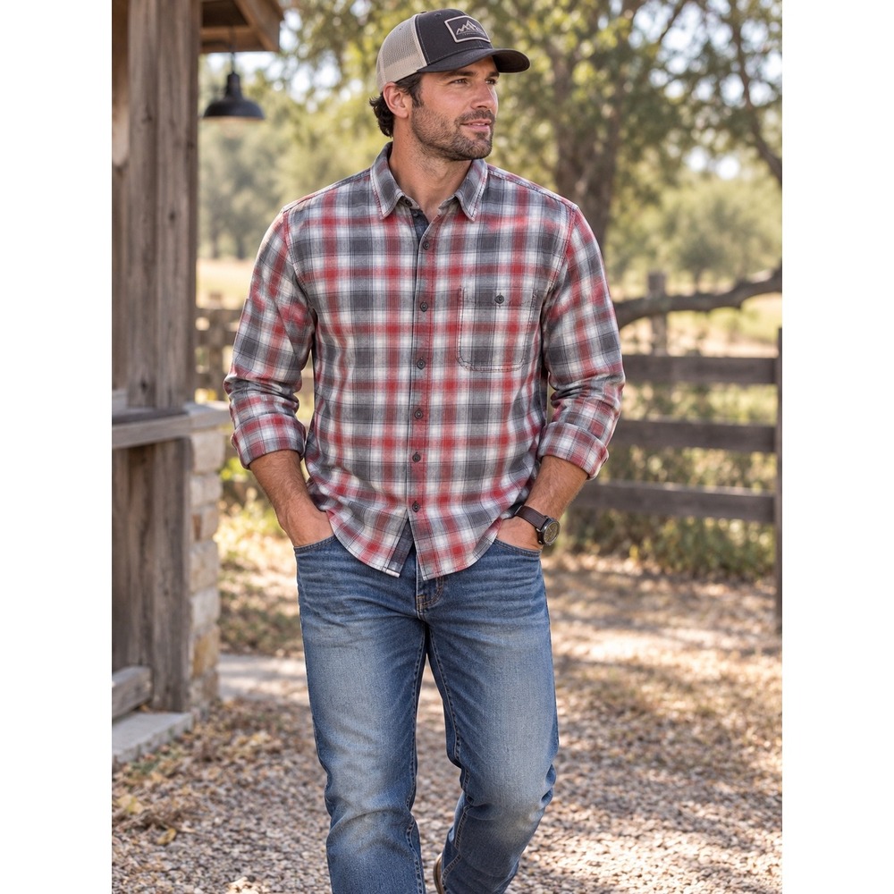 Flag & Anthem Mens Red Grey Plaid Button Down Shirt Long Sleeve Size M